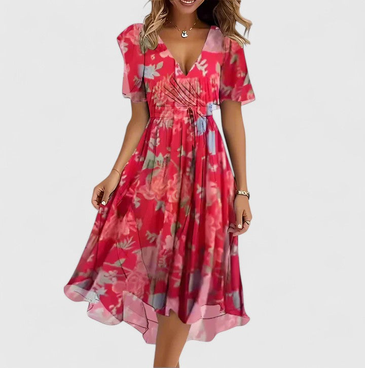 Comfortable women's casual floral midi dress, designed with elegant flutter sleeves for daily style.