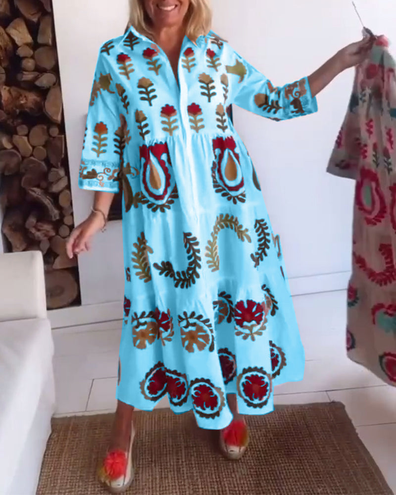 Comfortable women's floral graphic A-line midi dress, perfect for casual spring and summer outings.