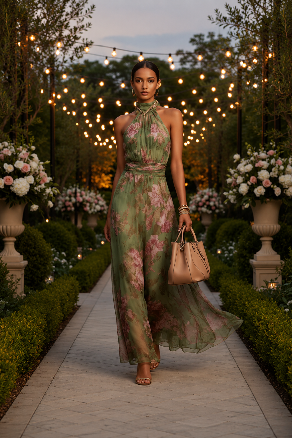 Women's floral halter maxi dress, perfect for summer. Elegant, flowy, and sleeveless design for effortless vacation style.