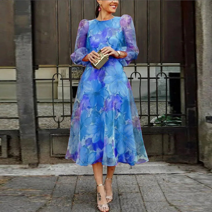 Elegant floral puff sleeve midi dress for women, A-line style with round neck for formal parties.
