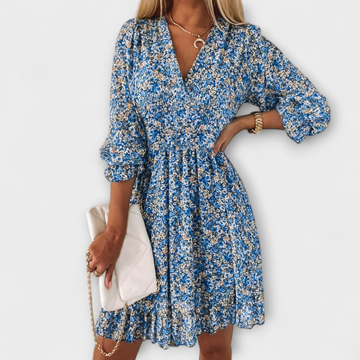 Blue floral midi dress for women, A-line cut, elegant puff sleeves, a perfect casual summer day dress.