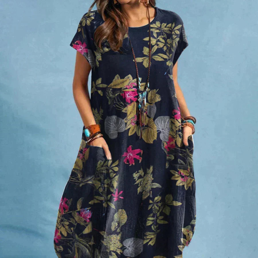 Women's floral print midi dress with side pockets, perfect for summer, spring, or casual wear.