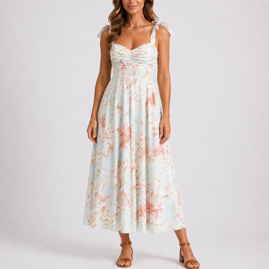 Women's floral print ruched midi dress with adjustable tie straps. Perfect for summer and casual occasions.