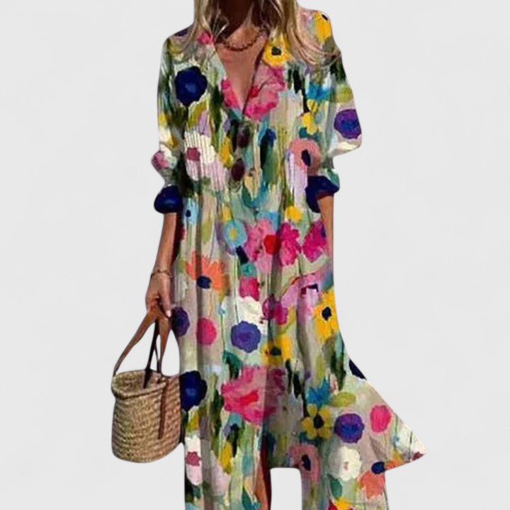 Casual chic women's floral midi shirtdress with collared V-neck & pleated skirt, ideal for sunny summer days & events.