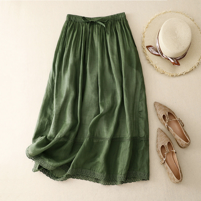 Elegant women's A-line maxi skirt with delicate lace trim, ideal for casual summer outfits or vintage style.