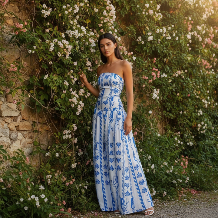 Elegant women's flowy strapless maxi dress with ruched bodice, ideal for summer parties.