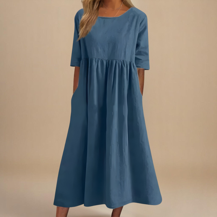 Comfortable women's casual midi dress, half-sleeve, gathered waist, ideal for daily wear.
