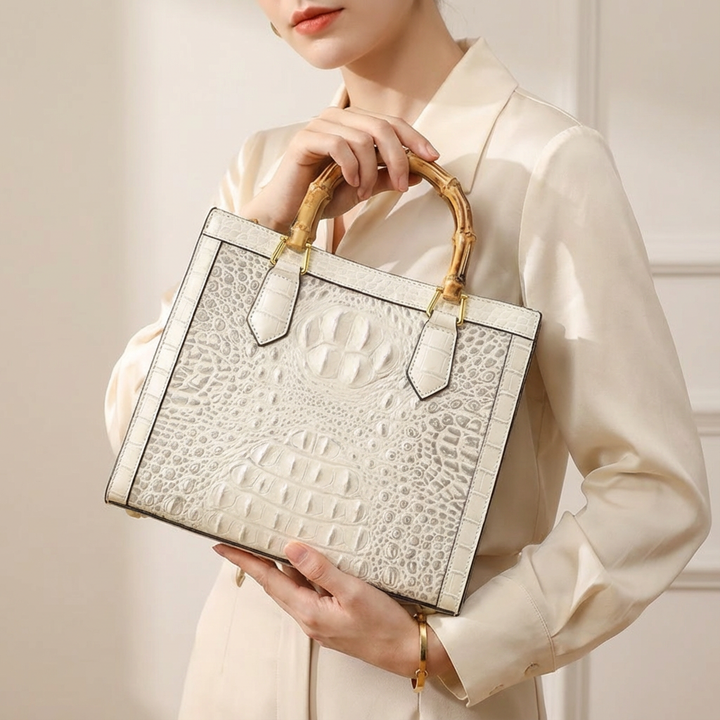 Stylish women's purse: authentic leather, crocodile texture, and natural bamboo top handle. Perfect gift.