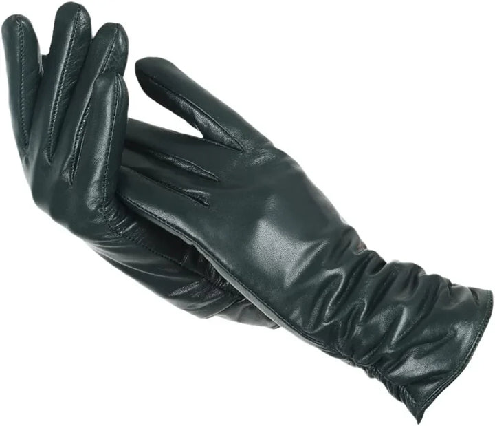 Ladies genuine leather winter gloves, wool-lined for warmth, ideal for daily wear & driving.