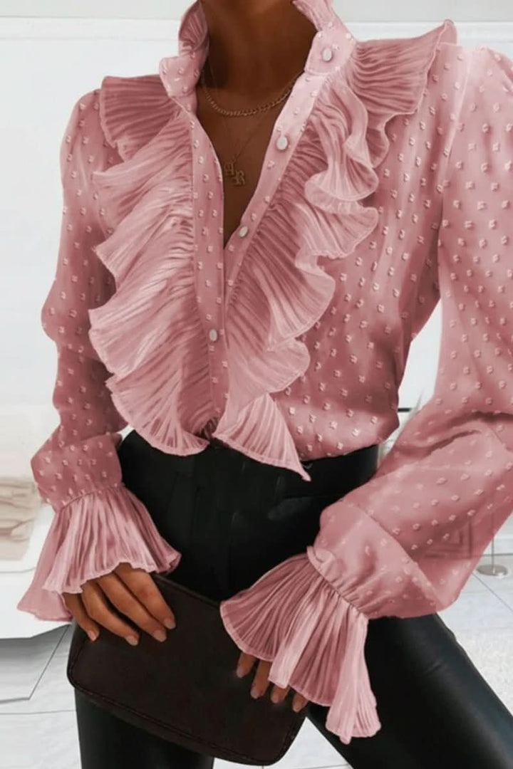 Elegant long sleeve ruffle blouse for women, a graceful and versatile top for office fashion or casual chic.