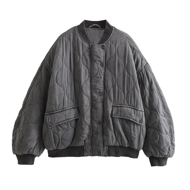 Versatile women's gray quilted bomber jacket. Cozy fall & winter outerwear for casual and chic everyday style.