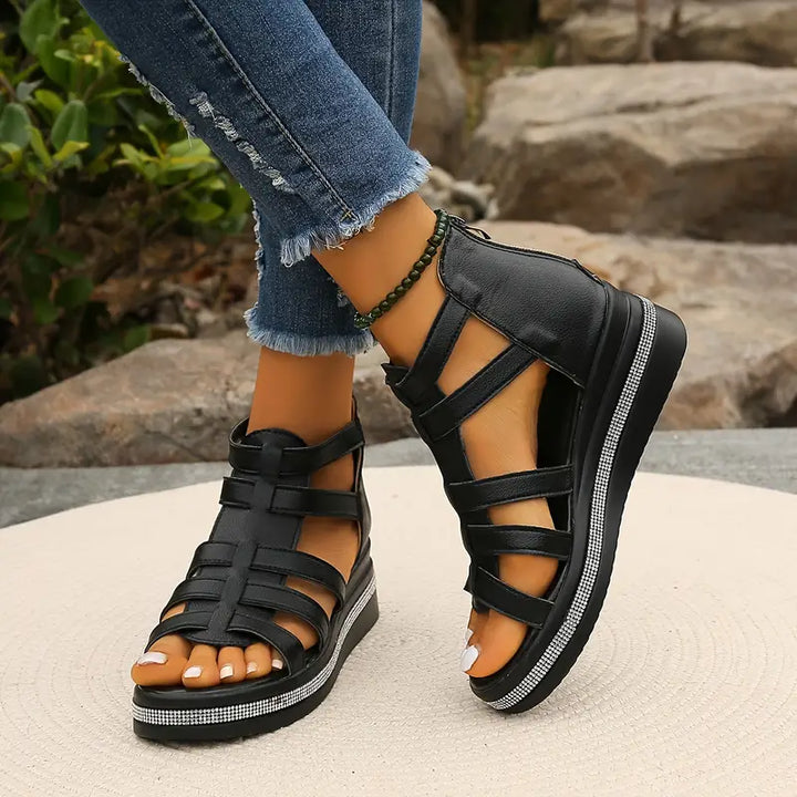 Elegant Hannah rhinestone sandals, perfect supportive footwear for women on vacation or daily wear.