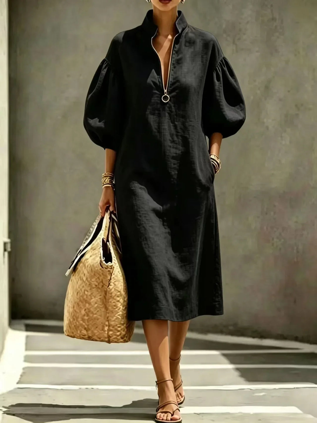 Versatile women's midi dress, Haven Beck style, with comfortable bubble sleeves and half-zip, perfect for workday or weekend.