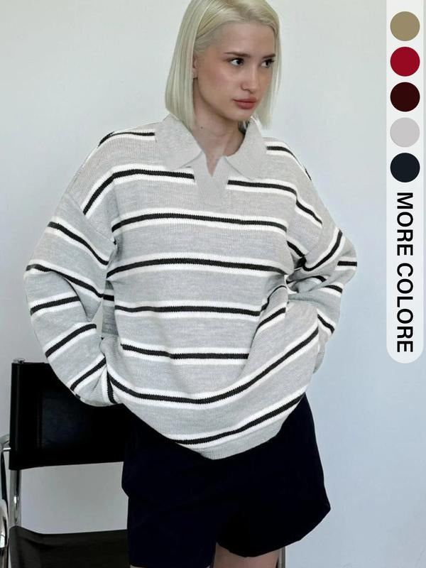 Elegant women's navy & white striped knit sweater. Comfortable classic style for fall & winter outfits.