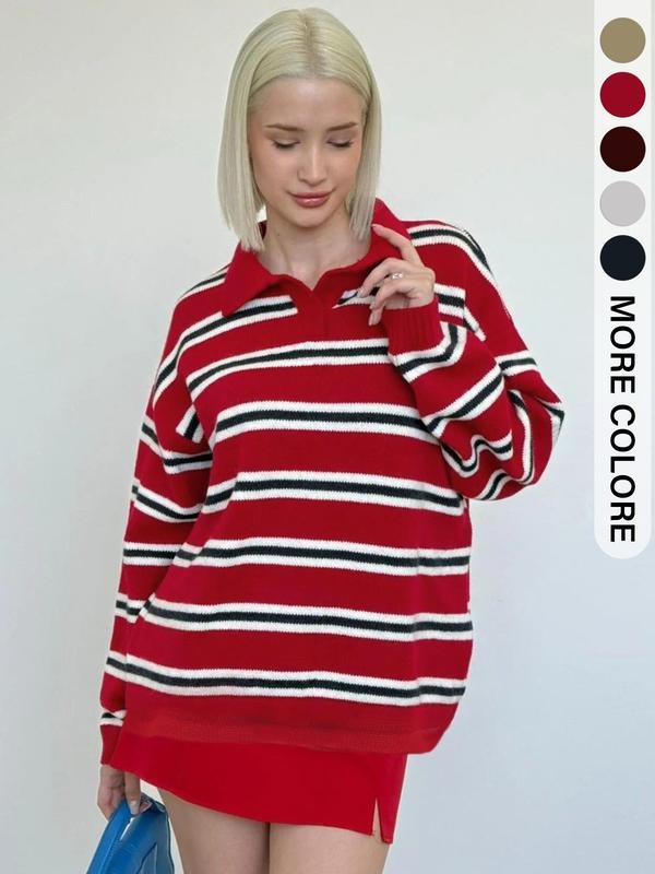 Cozy women's gray striped knit sweater. Soft, comfortable heritage design perfect for winter wear.