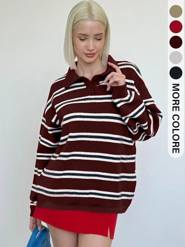 Woman in a stylish red striped knit sweater, showcasing everyday chic fall & winter fashion.