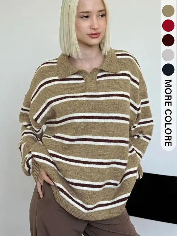 Close-up of a women's beige striped knit sweater, highlighting soft knit texture & heritage style.