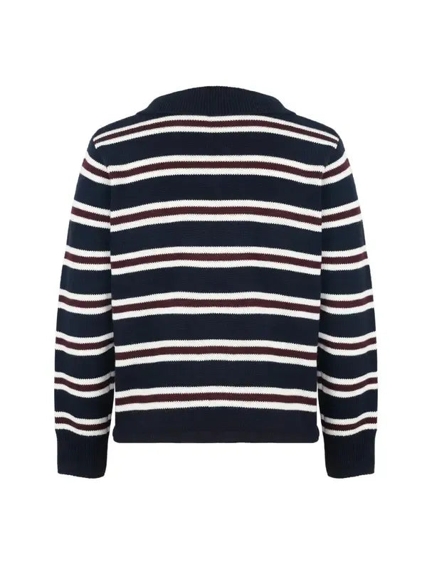 Versatile women's maroon striped knit sweater. Elegant classic design for comfortable fall fashion.