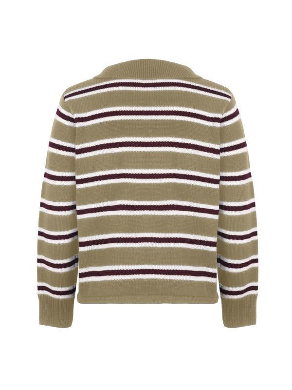 Women's gray & navy striped knit sweater. Comfortable classic style for versatile fall & winter outfits.