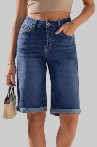 Women's comfortable high-rise long shorts, relaxed fit, perfect for versatile everyday summer wear.