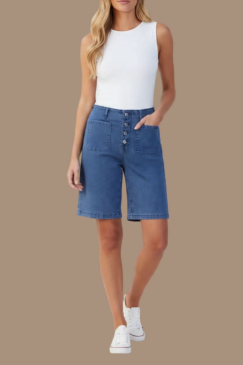 Casual yet elegant women's high waist Bermuda shorts, an essential for comfortable warm-weather and vacation fashion.