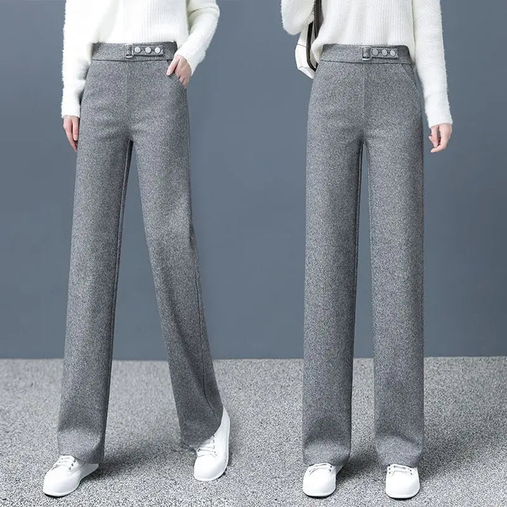 Close-up of the herringbone fabric on Women's High-Waist Tailored Astoria Pants, showing quality detail.