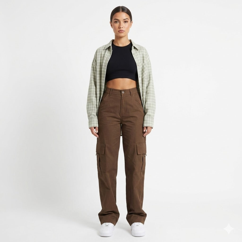 Women's high waist wide leg cargo pants with utility pockets for a casual, comfortable look.