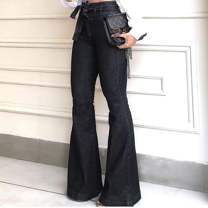 Comfortable women's retro bell bottom flare pants, high waisted with a sculpting fit.
