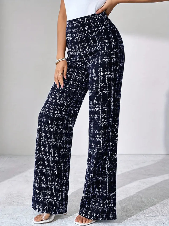 Elegant high-waisted plaid flare pants for women, crafted from flexible, comfortable stretch knit.