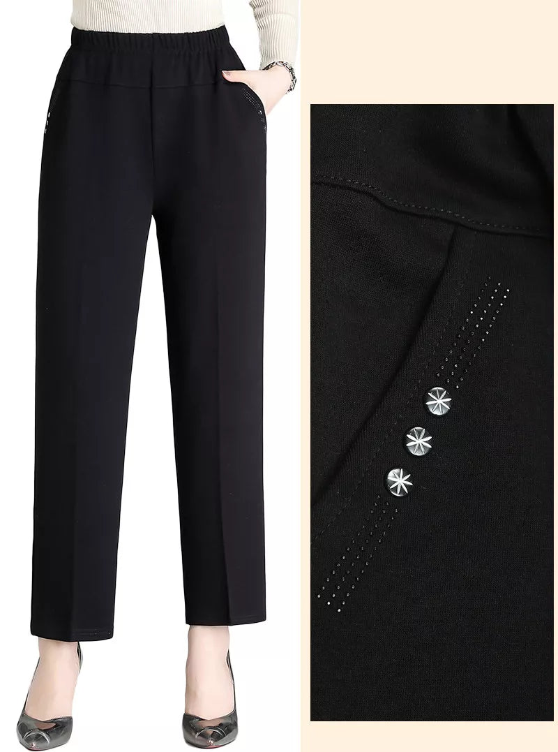 Elegant embroidered high-waisted plus size pants for women, ideal for fall casual chic.