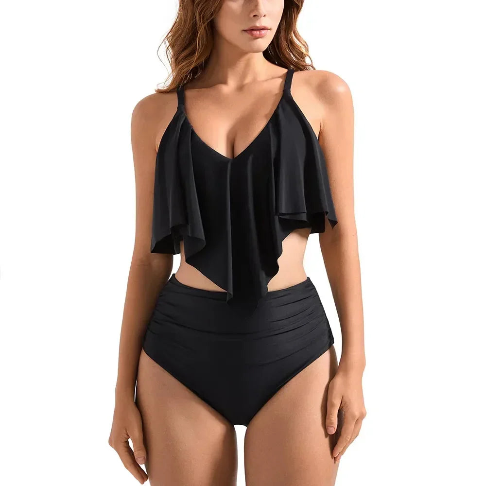 Elegant women's high-waisted ruffle bikini set. Stylish two-piece swimwear with a plunging V-neck for summer.
