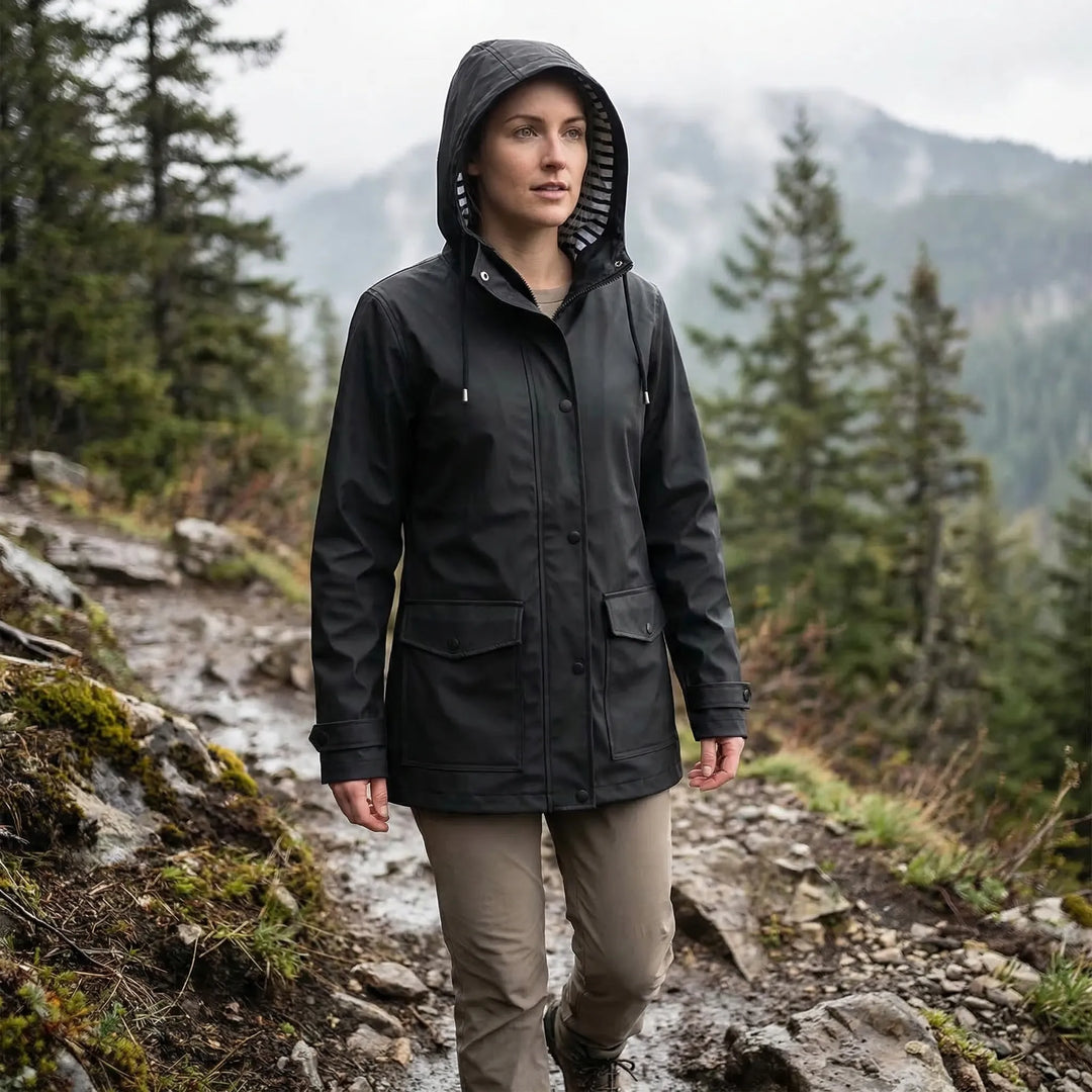 Women's hooded waterproof outdoor jacket for hiking & all-weather comfort.