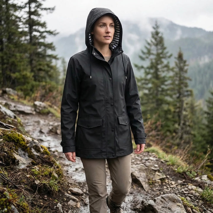 Women's hooded waterproof outdoor jacket for hiking & all-weather comfort.
