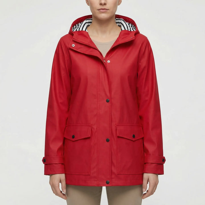 Versatile women's hooded raincoat, perfect for outdoor activities & all-weather wear.