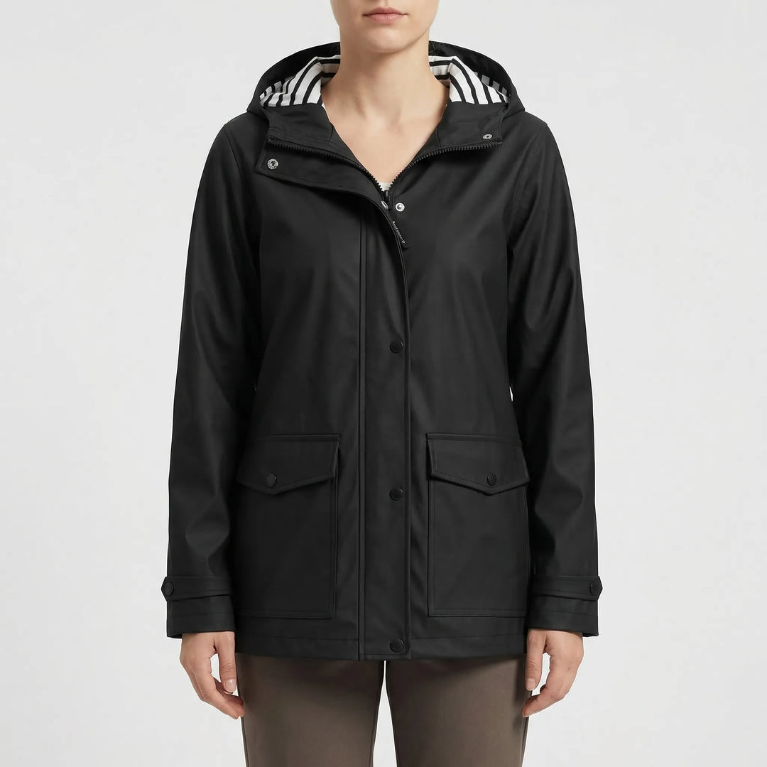 Lightweight women's rain jacket with hood, perfect for outdoor activewear.
