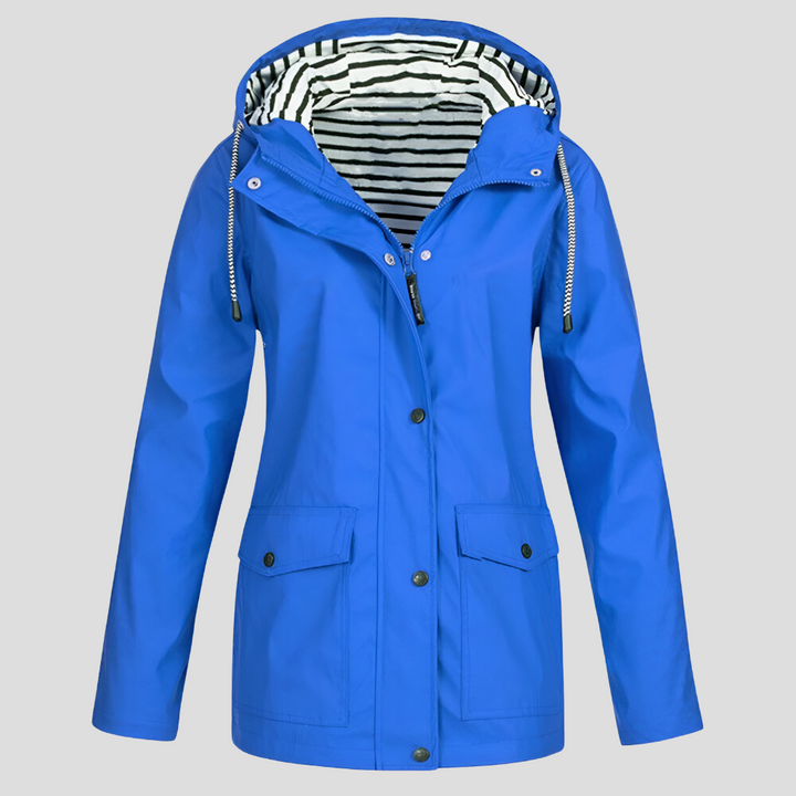 Comfortable women's hooded windbreaker, offering waterproof protection. Lightweight outerwear for changeable weather.