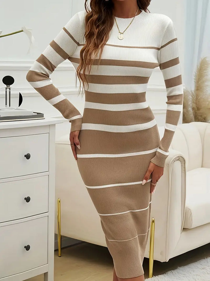 Flattering women's horizon stripe midi dress, bodycon fit, long sleeves for a sleek silhouette.