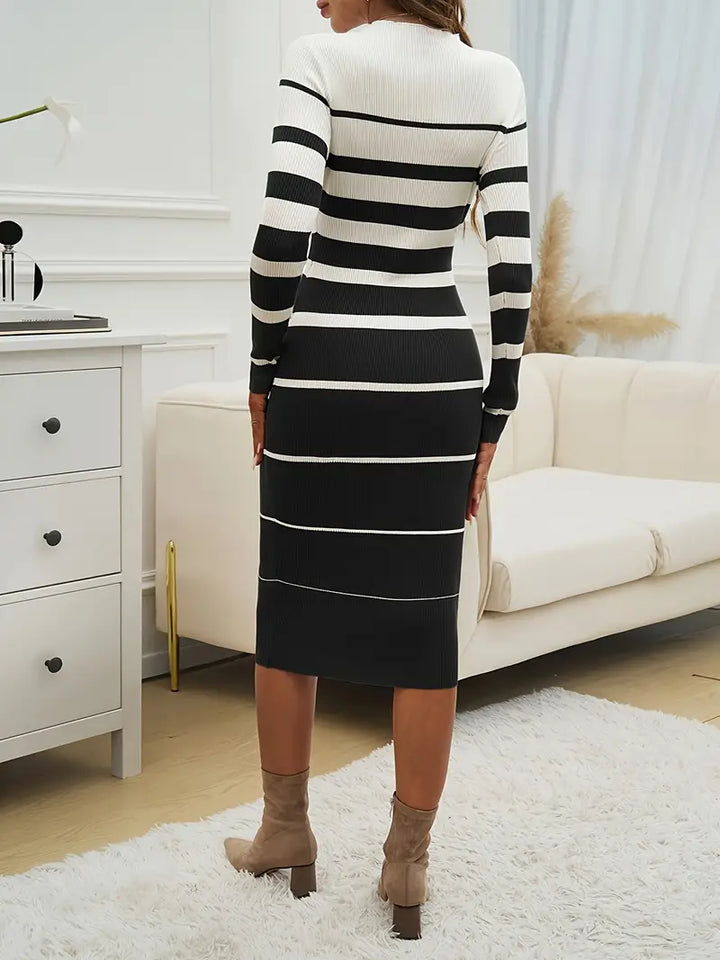 Women's crew neck bodycon midi dress, featuring a sophisticated horizon stripe and long sleeves.