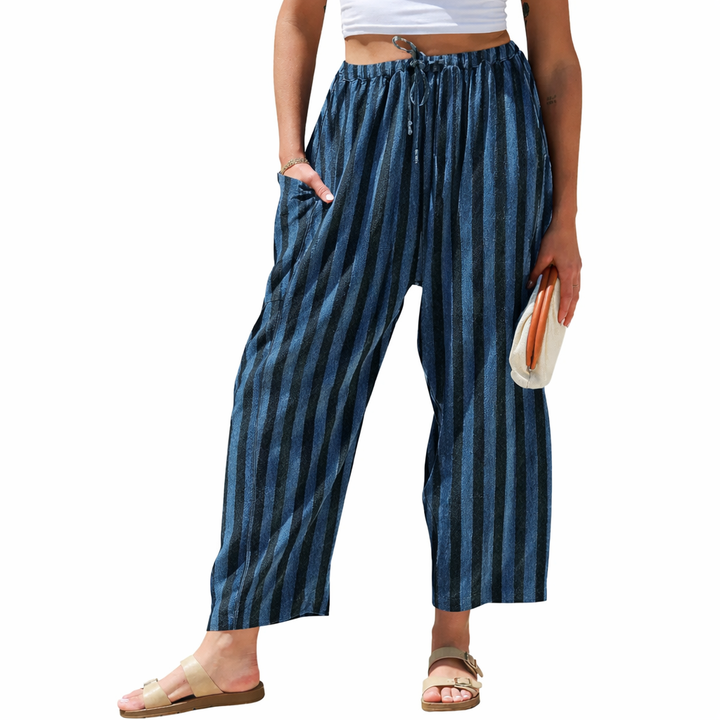 Striped wide-leg pants for women, a comfortable and chic choice for casual, vacation, or resort fashion.