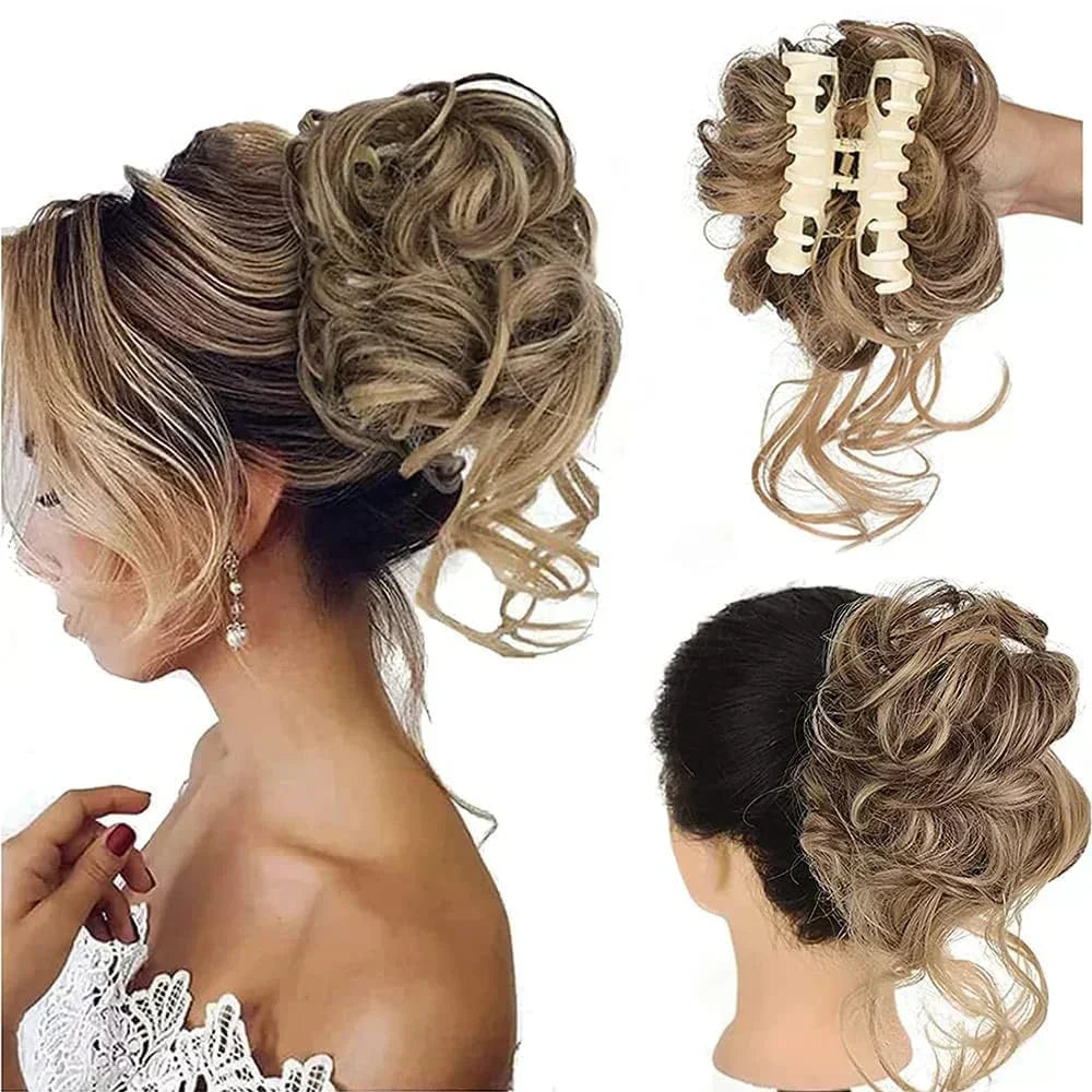 Detail shot of a women's messy curly bun hair clip, highlighting its instant volume feature.