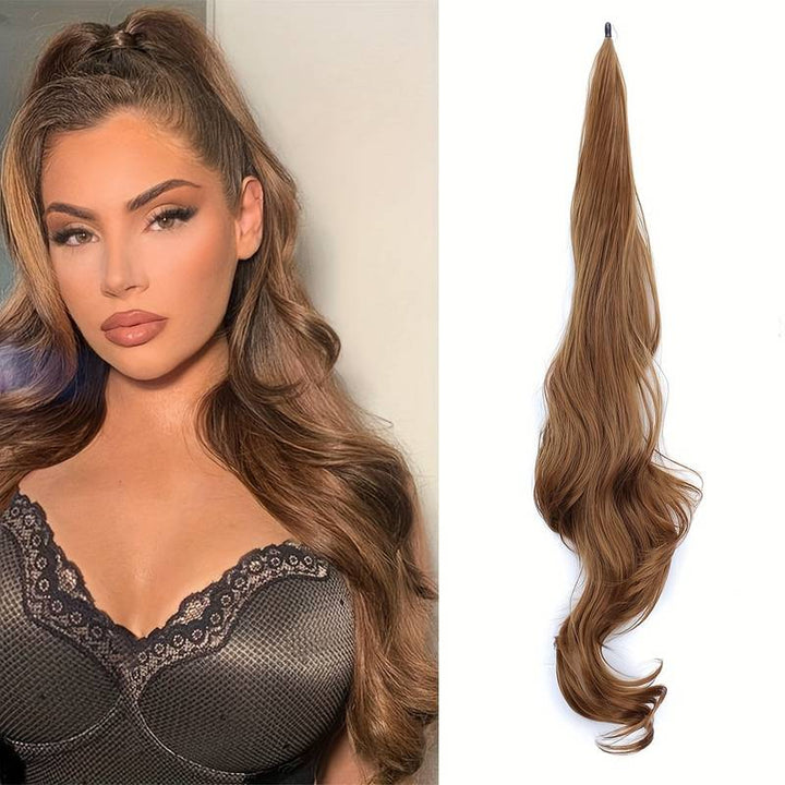 Wrap-around wavy ponytail extension for women, enhancing hair volume and length with synthetic hair.