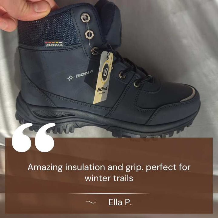 Woman laces up insulated hiking boots, ready for cold weather outdoor adventure