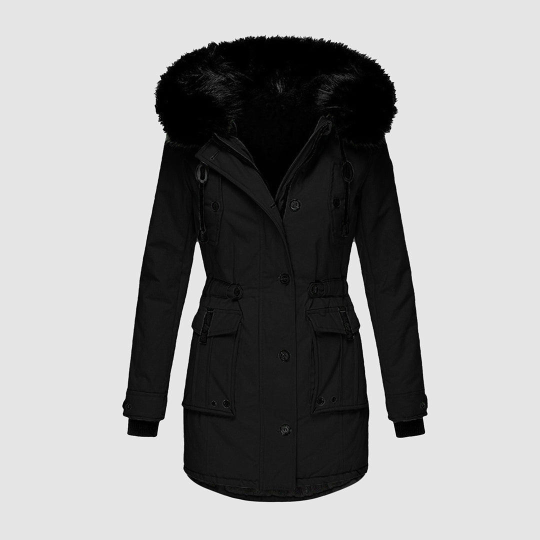 Elegant women's insulated parka with hood, water-resistant for winter fashion & everyday wear.