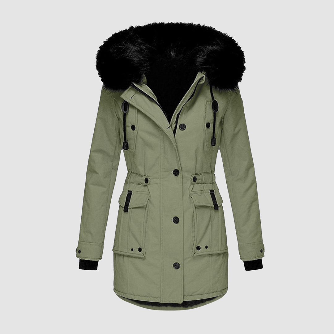 Warm women's hooded parka, perfect for cold weather. Cozy insulated jacket, a stylish winter essential.