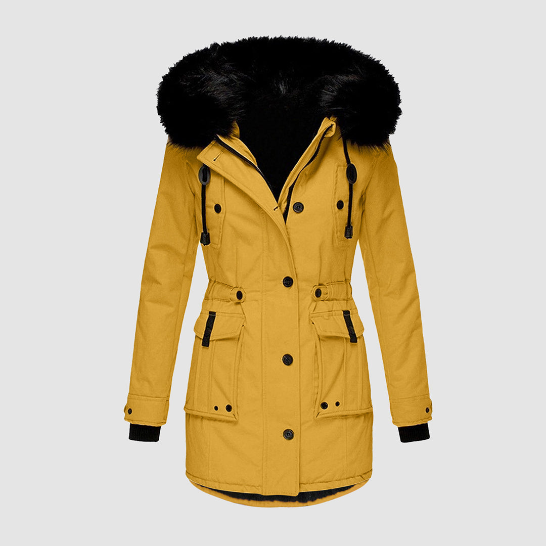 Women's insulated hooded parka, a water-resistant winter jacket offering ultimate warmth & style.