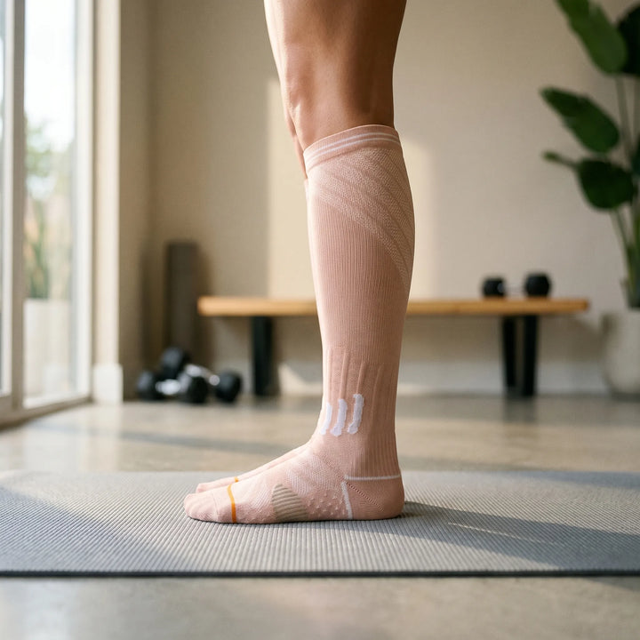 Women's knee-high graduated compression socks for improved circulation and reduced leg fatigue.