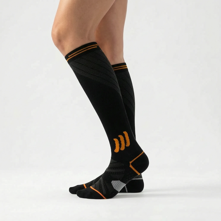 Durable women's knee-high compression socks designed for optimal support & comfort during travel.