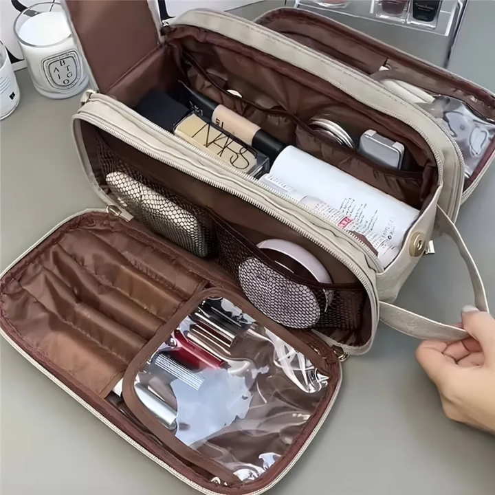 Durable LuxeVault travel cosmetic bag; waterproof & portable for all your beauty essentials.