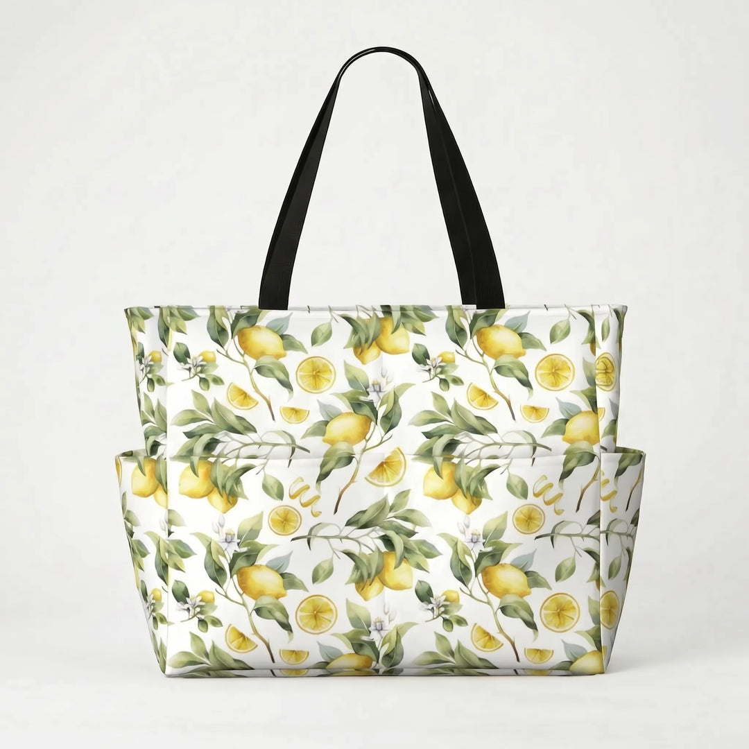 Women's large tropical print beach tote bag with sturdy handles. A durable summer essential carryall.
