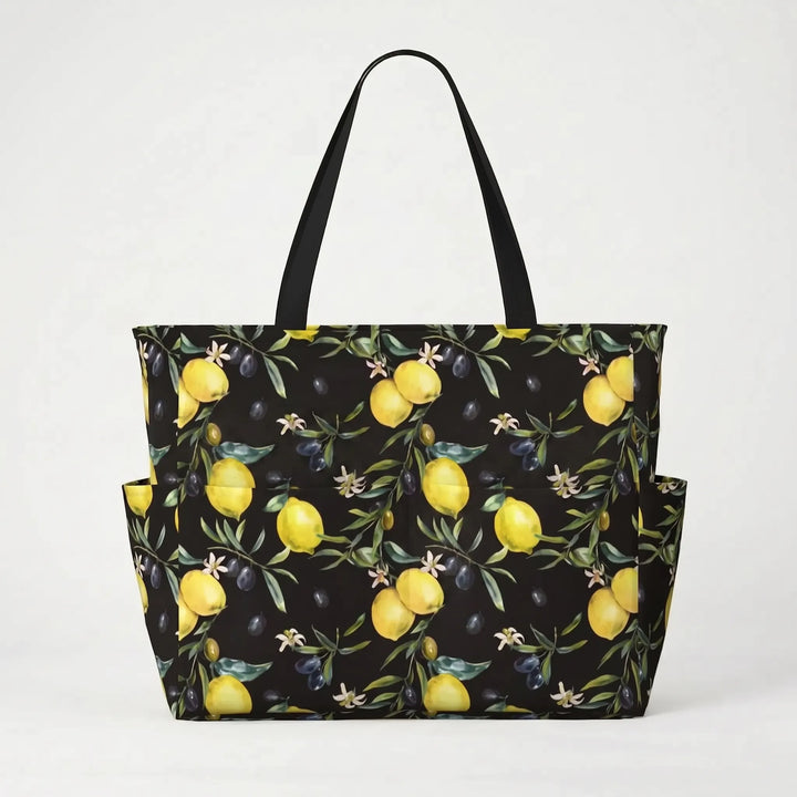 Women's large tropical beach bag, perfect for sunny days by the sea. Spacious summer tote with lemon print.